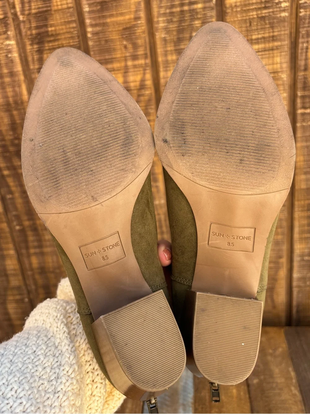 Sun + Stone Olive Green Suede Ankle Boots